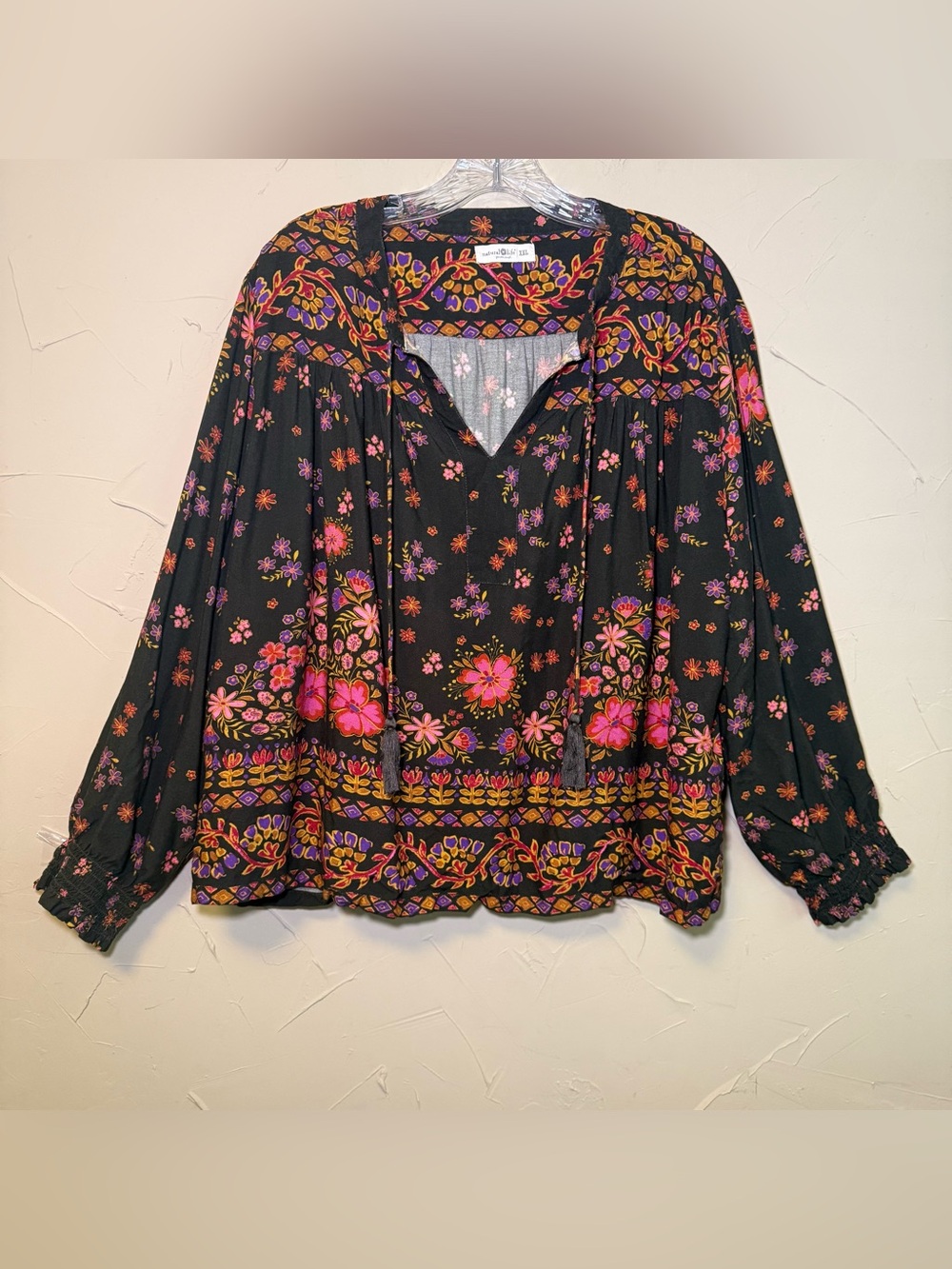 Natural Life XXL Maribel Boho Peasant Top Black Floral Mushroom Tassel Blouse - Picture 2 of 11